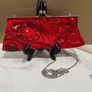 Beaded evening bag, Red, silver trim and chain